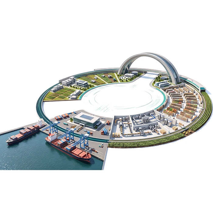A connected food and agriculture system combining fields, food production, maritime trade, and agricultural products.