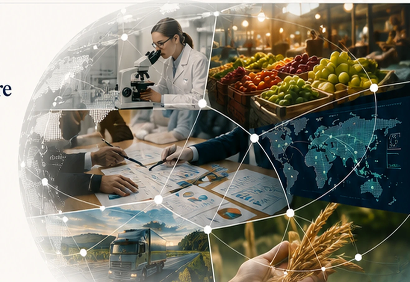 A connected food-system collage combining research, market analysis, fresh produce, logistics, agriculture, and cross-market knowledge.